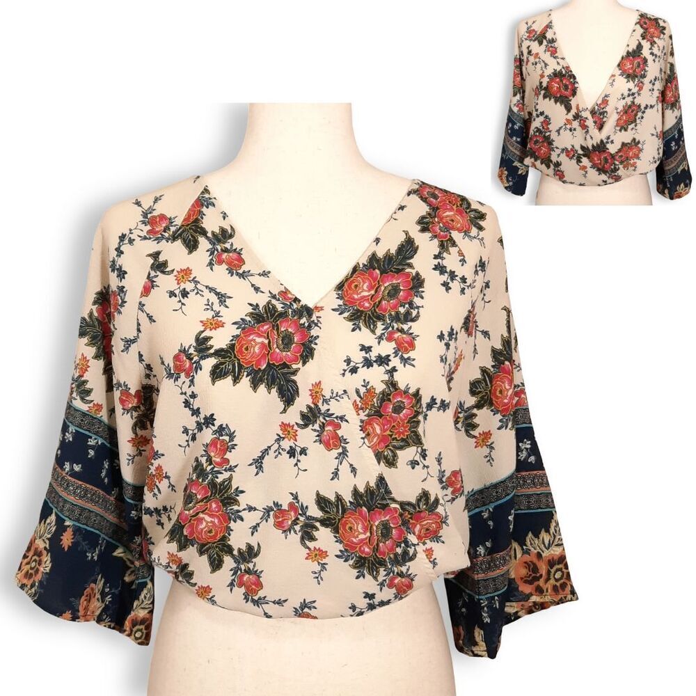 Crescent & Willough Peasant Top Size Small Floral Boho Faux-Wrap Kimono Sleeve